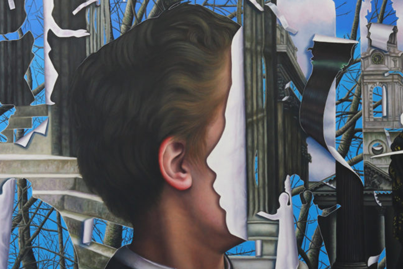 Painting detail of man's face and silhouette by Cara Guri.