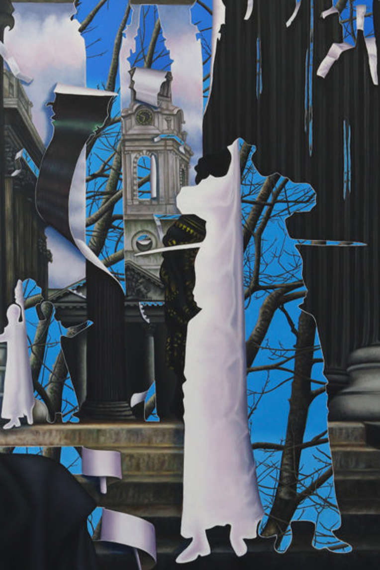 Painting detail of people silhouettes and church tower by Cara Guri.