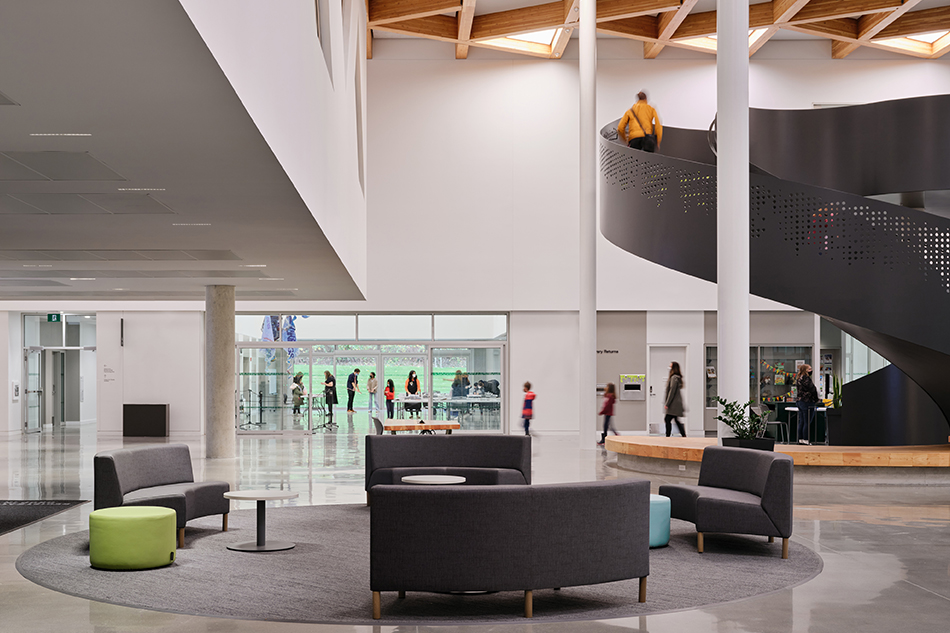 View through Clayton Community Centre's main area towards the front entry.