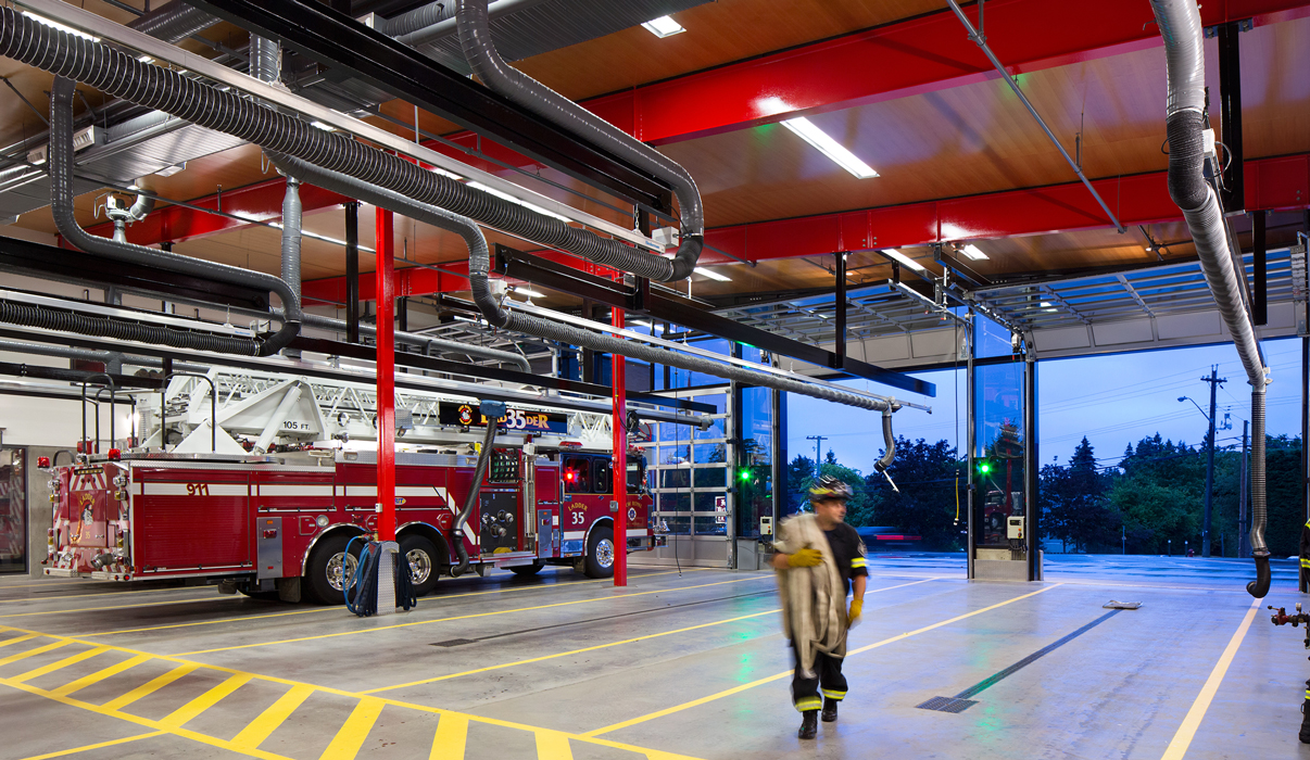 Interior of a fire hall garage.