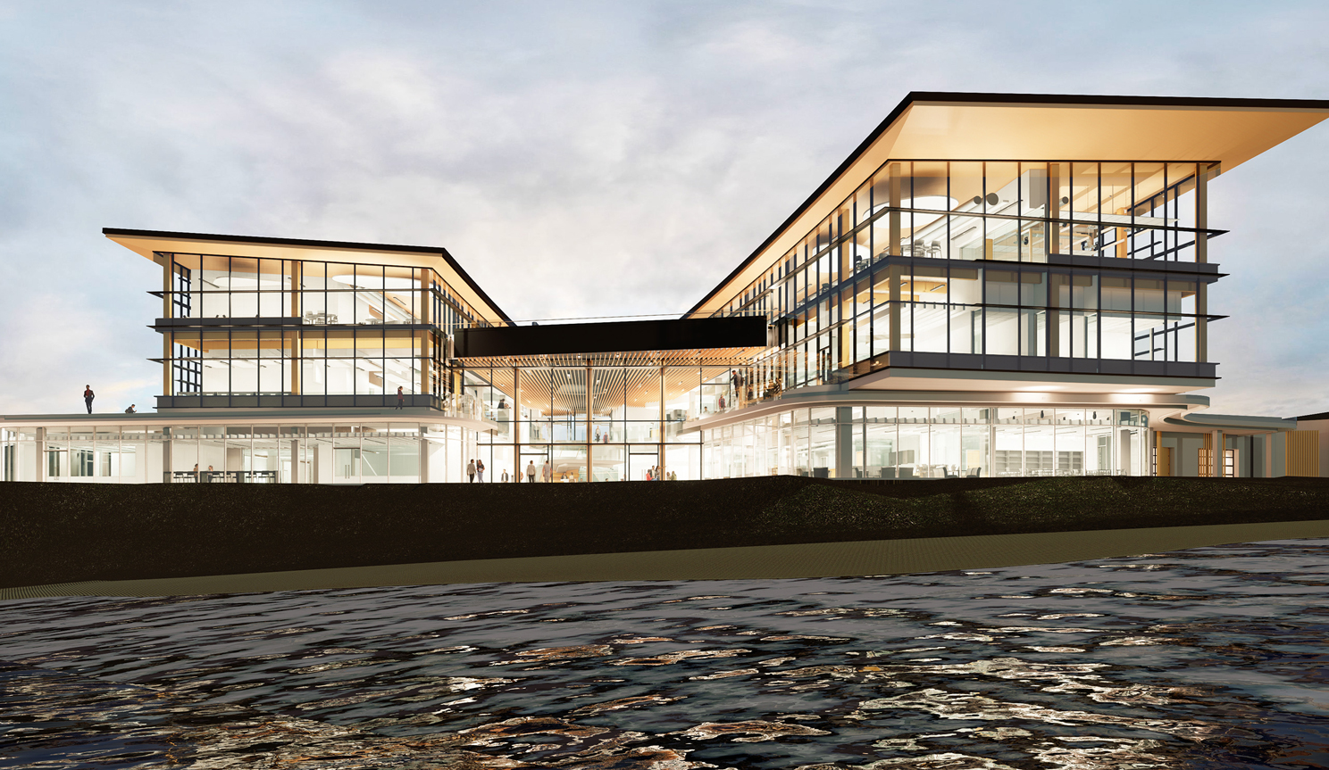 Realistic rendering of a large boxy, wooden college with windows as walls.