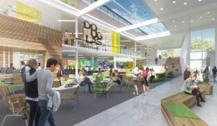 Interior of College with student walking around a colourful area with seats and a skylight