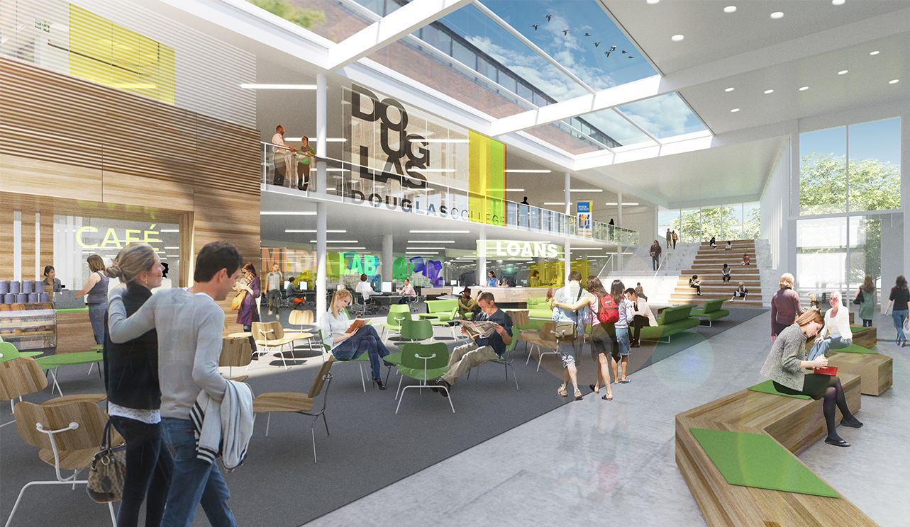 Interior of College with student walking around a colourful area with seats and a skylight