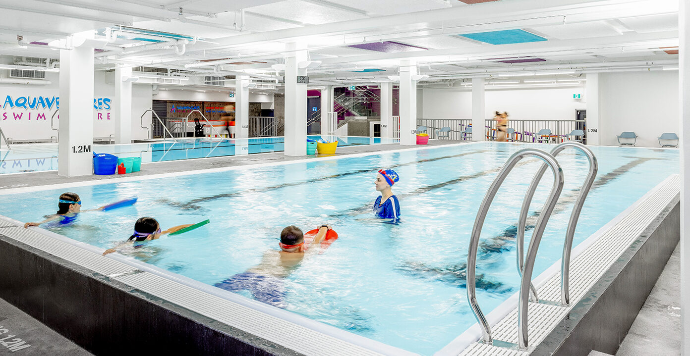 Swim class in progress.