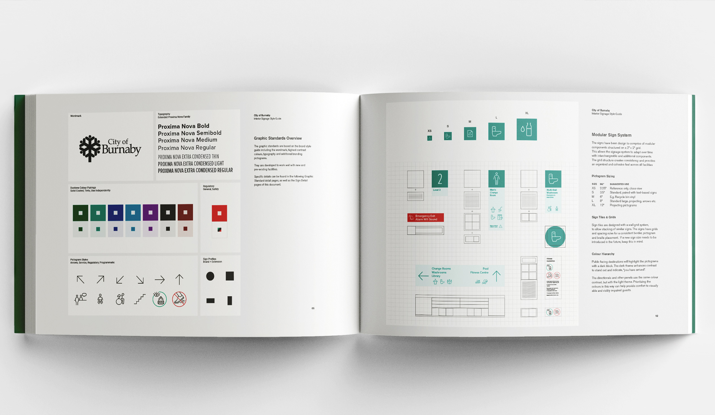 A book with City of Burnaby interior signage style guidelines inside.