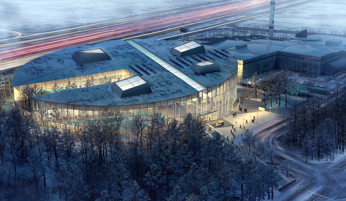 Nighttime rendering of the complex glowing from the interior lights.