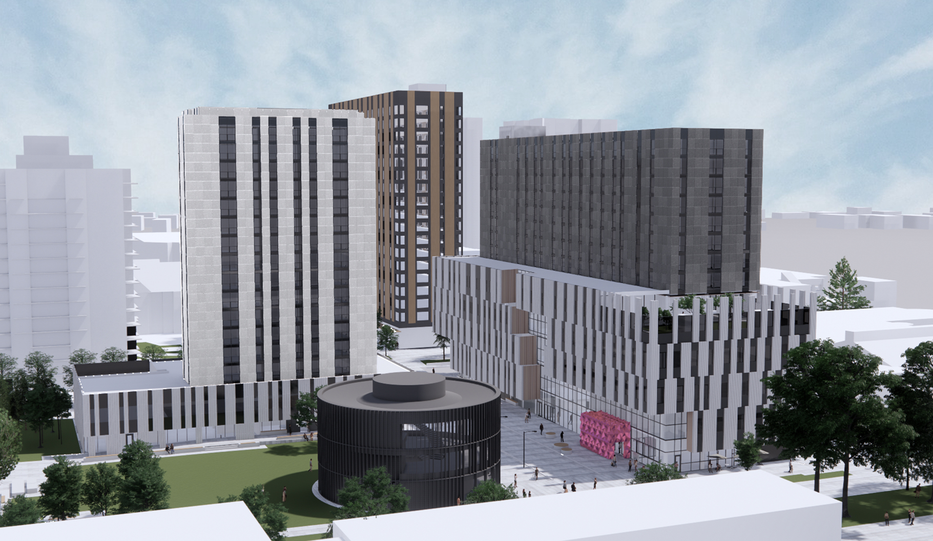 Rendering of UBC Brock Commons showing the spatial relationship of the lower academic floors with the narrower upper residential floors of the building.