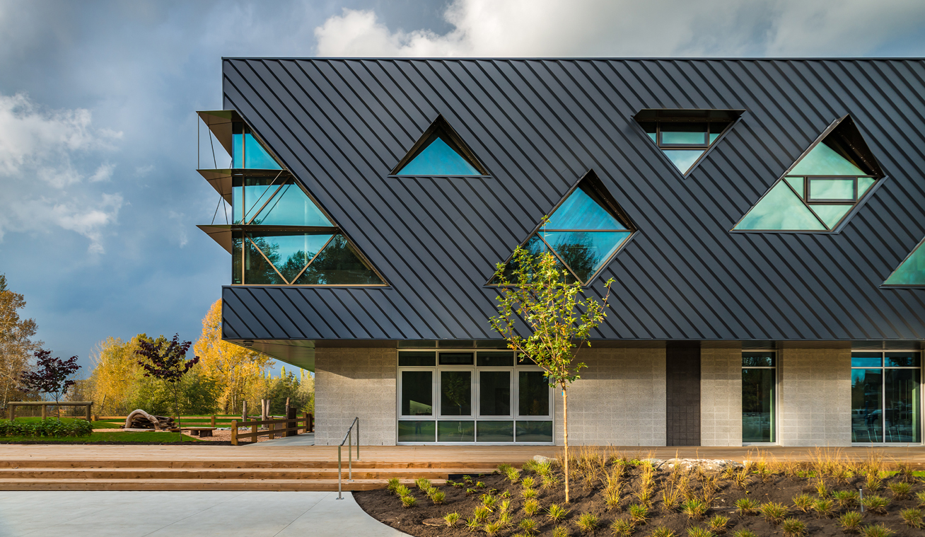View of Clayton Community Centre with geometric windows.