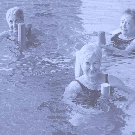 Image from The Space Between video series of seniors in an aquafit class.