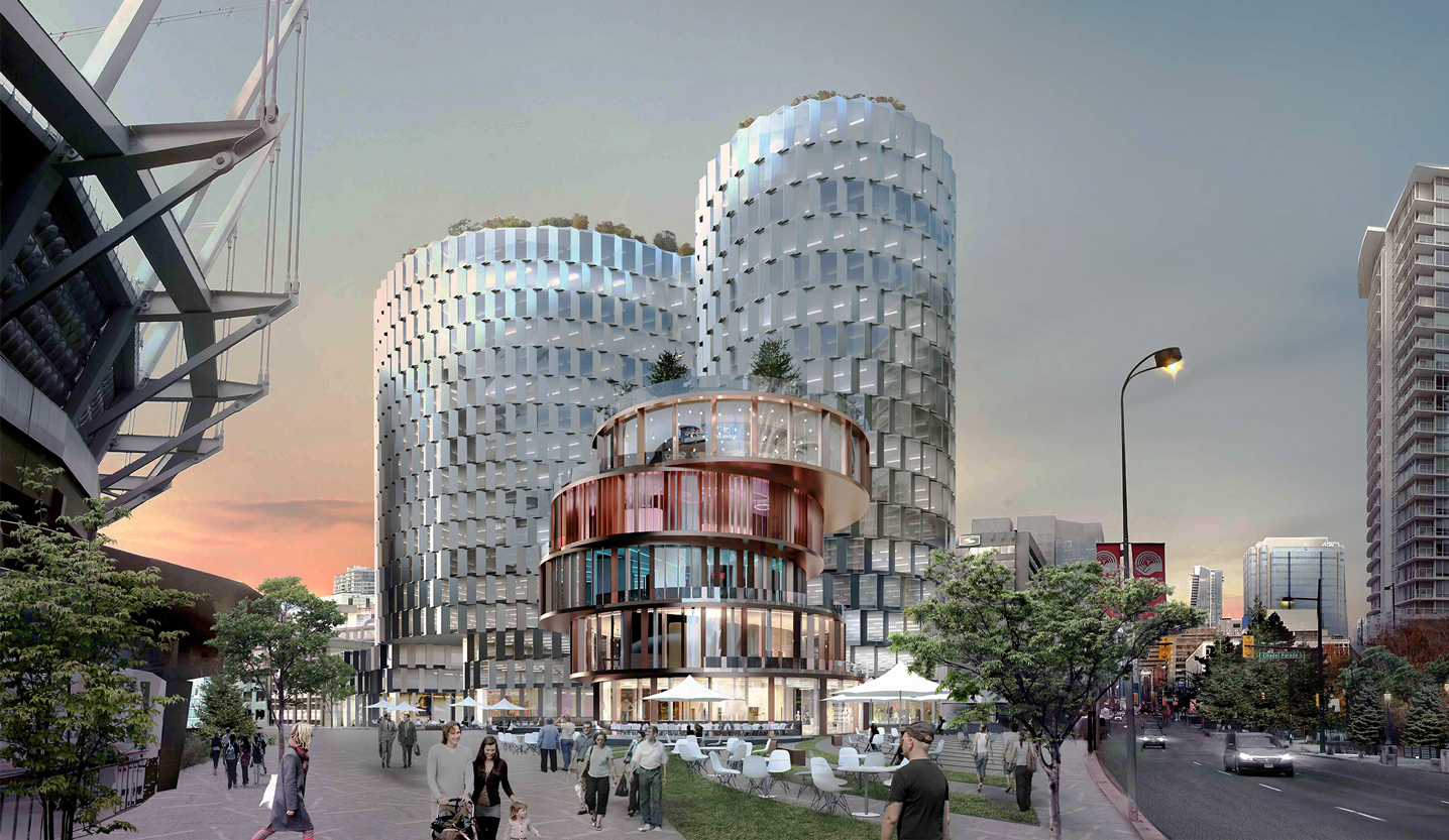 Street-view rendering of Beatty Plaza with its round, organic-shaped buildings and vibrant pubic plaza.