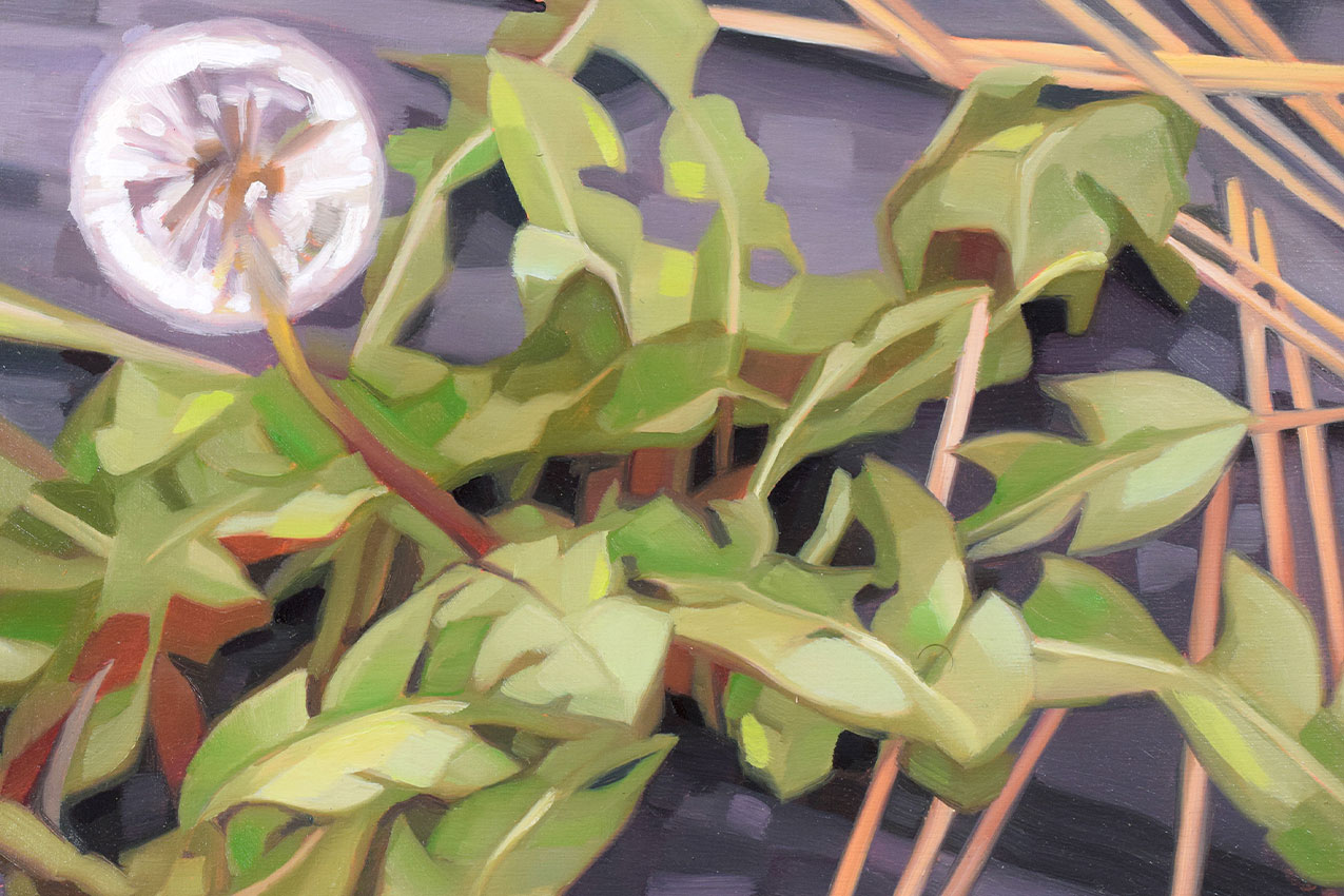Oil painting on panel of green dandelion growing out of concrete.