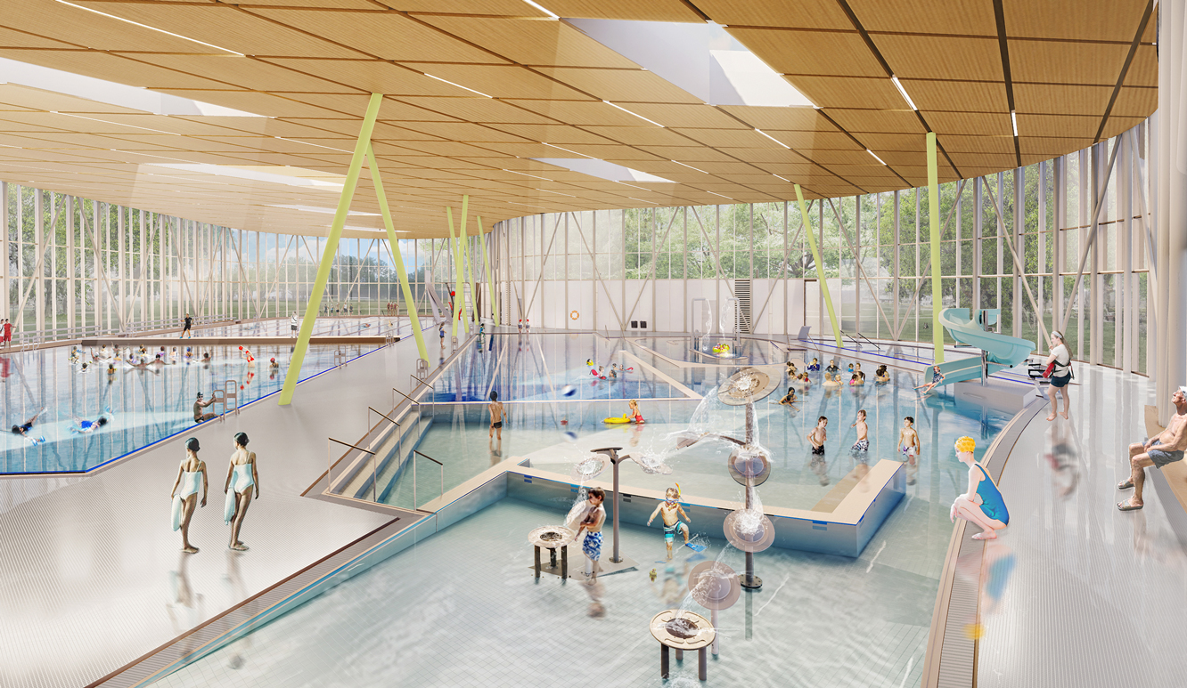 A rendering of a large indoor pool with kids playing in the waterpark area and a range of people swimming and walking. The space contains high ceilings supported by neon yellow posts positioned at a diagonal, creating a triangle shape.