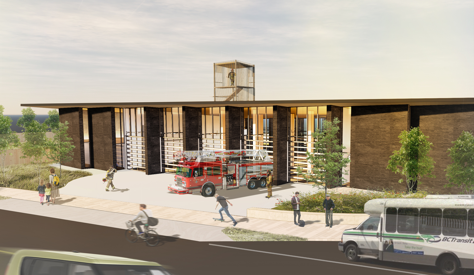A render of the Saanich Fire Station. It shows its flat roof with the fire staircase poking up from the top.