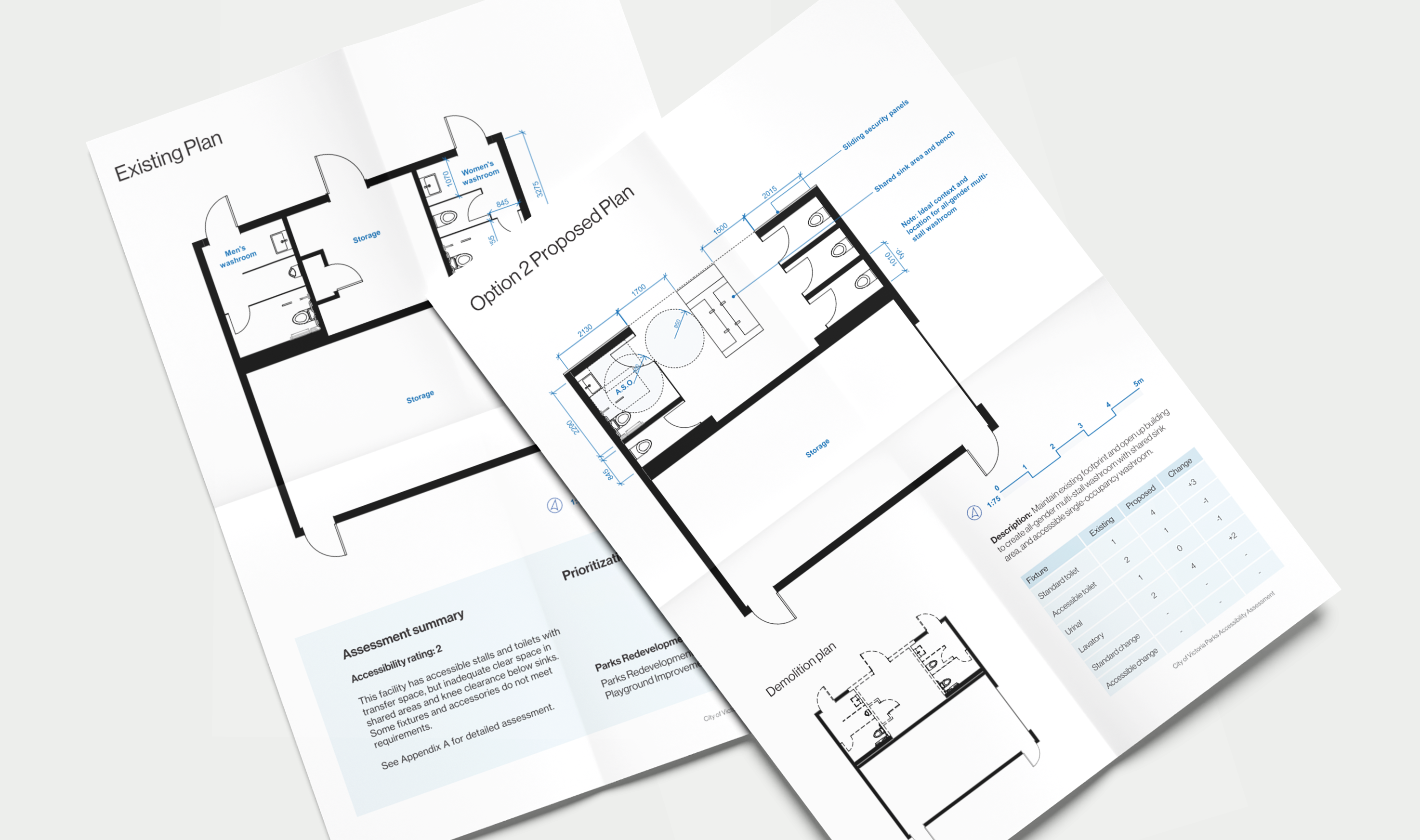 A mockup of the existing and proposed plans for a washroom facility in Victoria. The proposed plans illustrate a renovation to create an all-gender, multi-stall washroom with shared sink area, and accessible single-occupancy washroom.