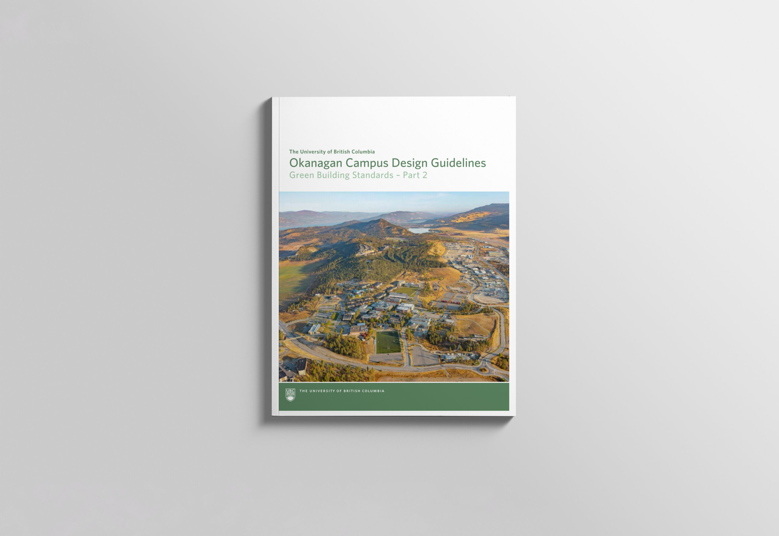 A mockup showing the cover of the UBC Okanagan Green Building Standards document.