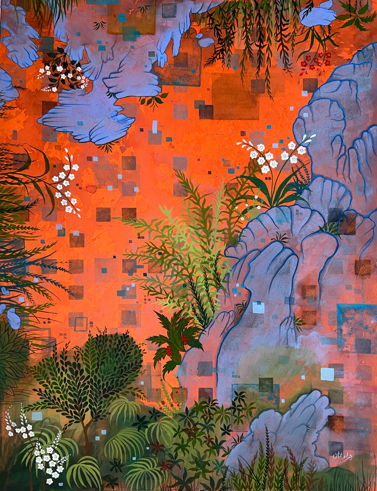 Heraa's piece entitled "Zameen Aur Aasman (Earth and Sky)". On a bright orange background, plants and nature create a vignette entering the scene from all edges. Tiny blue squares are scattered across the canvas. Natural pigment and gouache on vasli paper.