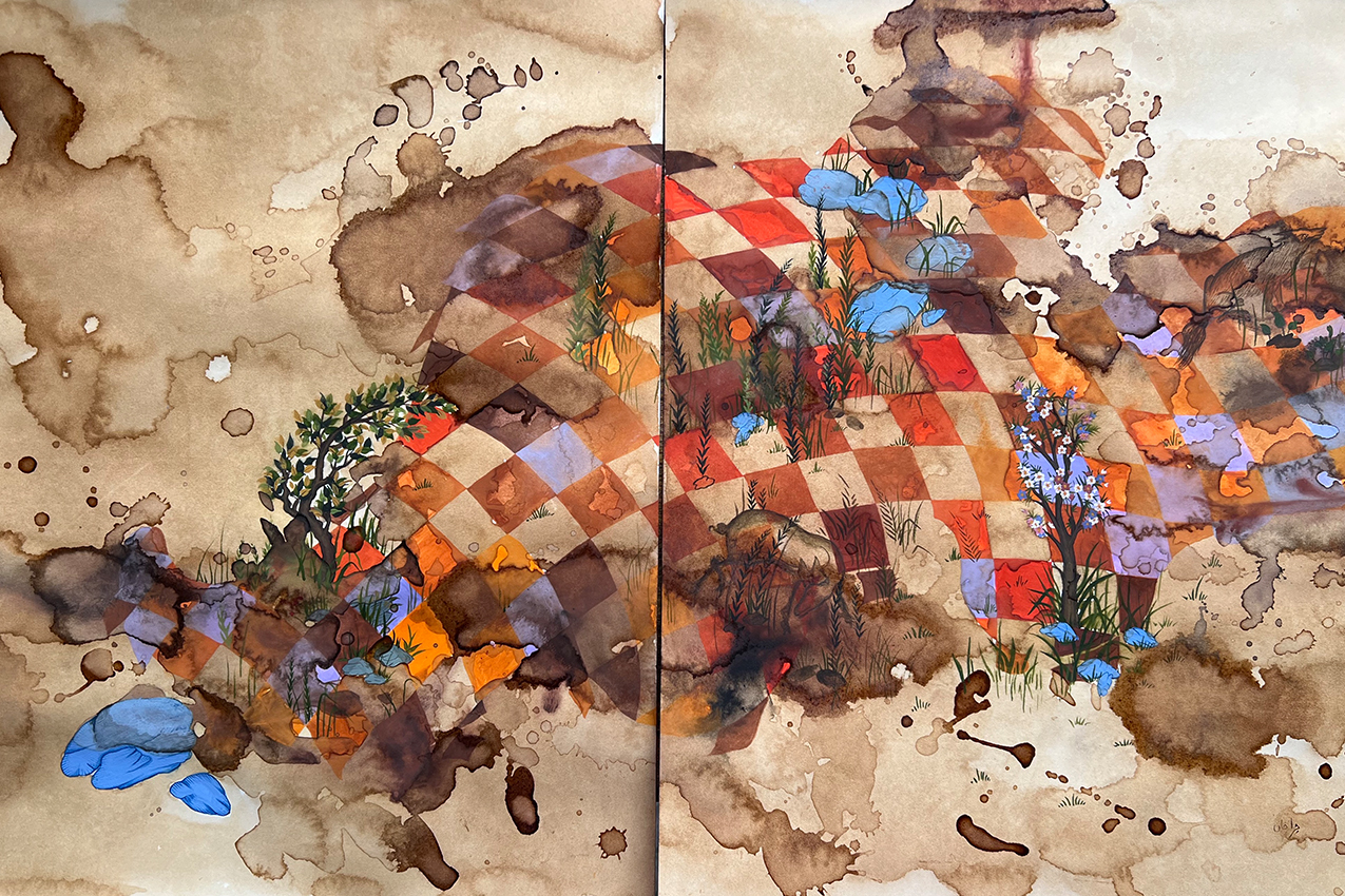 Heraa's piece entitled "Mitti (Soil)". Tea, coffee, gouache, natural pigment on vasli paper. The tea and coffee are used to create a light brown background, with some areas more concentrated than others that make up more defined splotches and droplets. A grid made up of squares in oranges, reds, and browns creates a wavy, amorphic shape across the canvas, with little plants and pieces of nature emerging out of it.