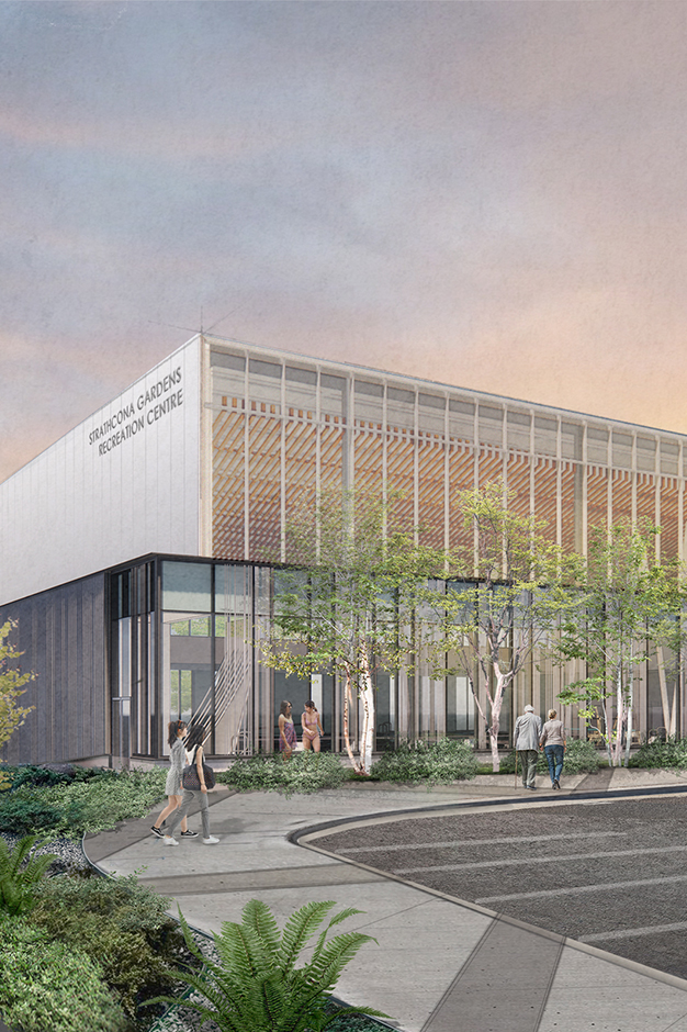 Exterior rendering of the Strathcona Gardens Recreation Centre, a rectangular modern facility with wood accents, vertical fins, and trees surrounding the glass facade.