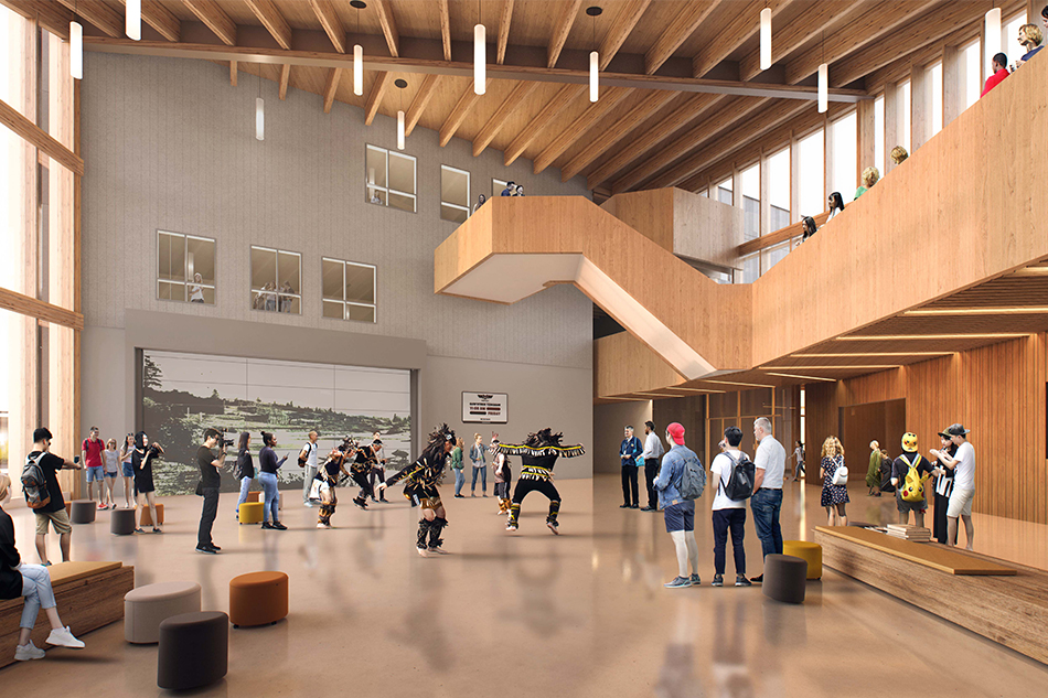 Rendering of the Quw'utsun Secondary School timber-framed atrium with exposed beams, a wide staircase, and groups of people watching an Indigenous dance performance in the centre.